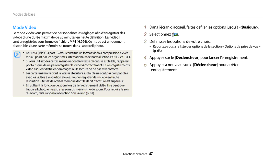 Samsung EC-DV150FBPLFR, EC-DV150FBPBFR, EC-DV150FBPWFR manual Mode Vidéo, Sélectionnez Définissez les options de votre choix 
