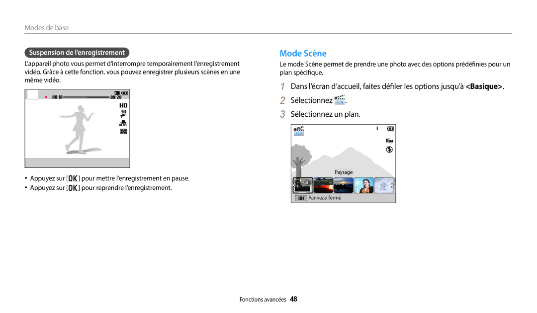 Samsung EC-DV150FBPBFR, EC-DV150FBPLFR manual Mode Scène, Sélectionnez Sélectionnez un plan, Suspension de l’enregistrement 