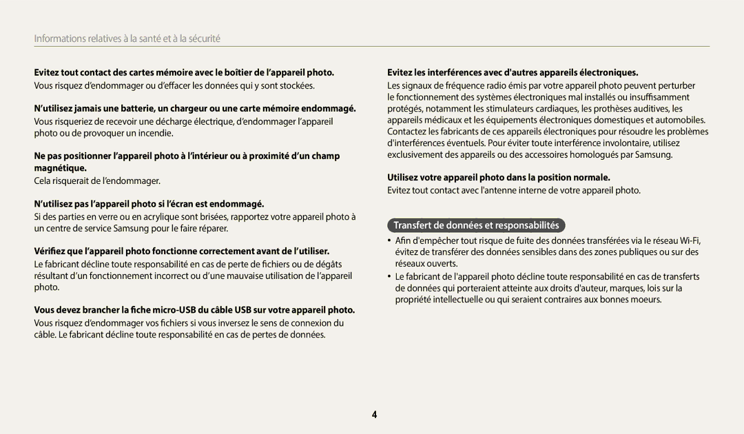 Samsung EC-DV150FBPWFR, EC-DV150FBPLFR manual Transfert de données et responsabilités, Cela risquerait de l’endommager 