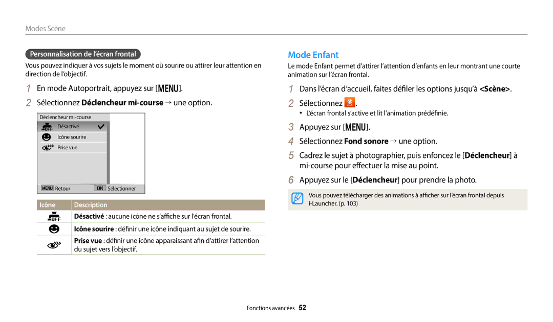 Samsung EC-DV150FBPWFR manual Mode Enfant, Appuyez sur m Sélectionnez Fond sonore → une option, Du sujet vers l’objectif 