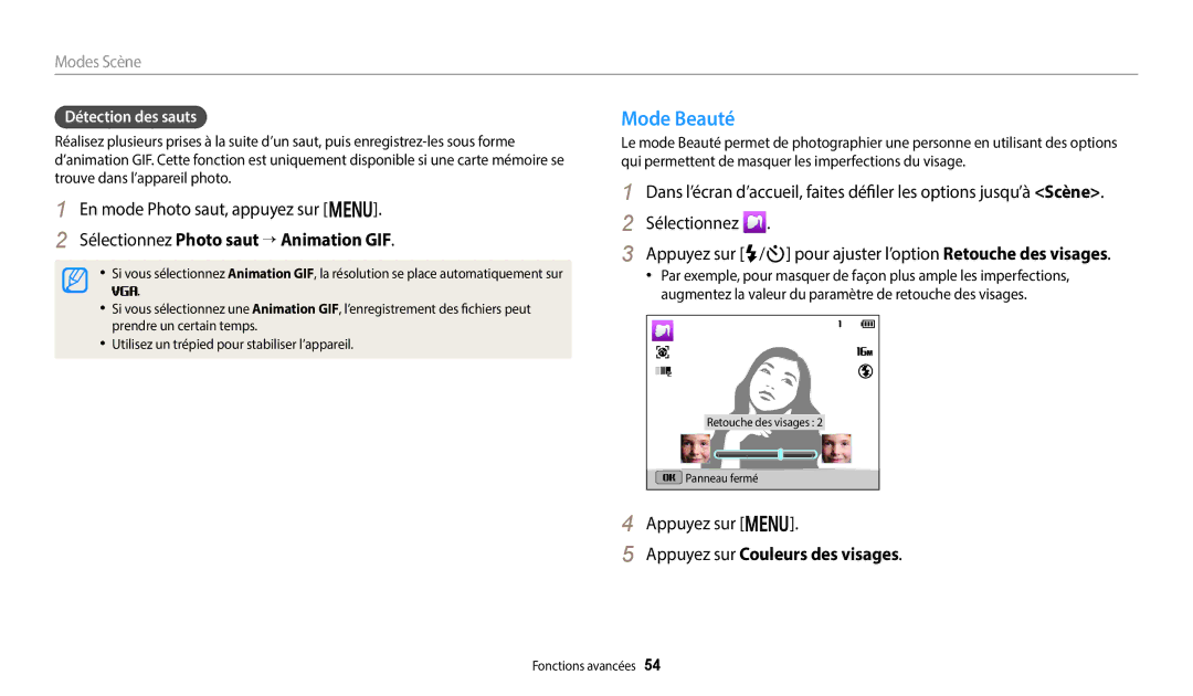 Samsung EC-DV150FBPBFR manual Mode Beauté, En mode Photo saut, appuyez sur m, Sélectionnez Photo saut → Animation GIF 