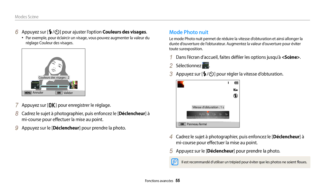 Samsung EC-DV150FBPWFR, EC-DV150FBPLFR manual Mode Photo nuit, Appuyez sur F/t pour ajuster l’option Couleurs des visages 