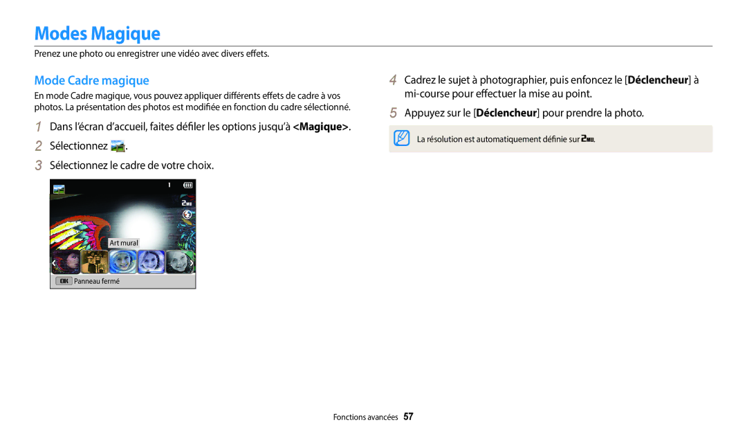 Samsung EC-DV150FBPBFR manual Modes Magique, Mode Cadre magique, Sélectionnez Sélectionnez le cadre de votre choix 