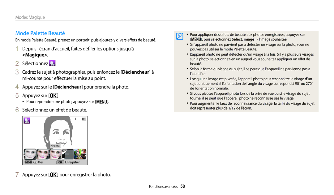 Samsung EC-DV150FBPWFR manual Mode Palette Beauté, Sélectionnez un effet de beauté, Appuyez sur o pour enregistrer la photo 