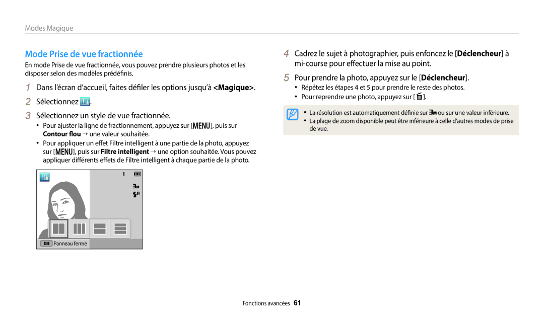 Samsung EC-DV150FBPWFR manual Mode Prise de vue fractionnée, Sélectionnez Sélectionnez un style de vue fractionnée 