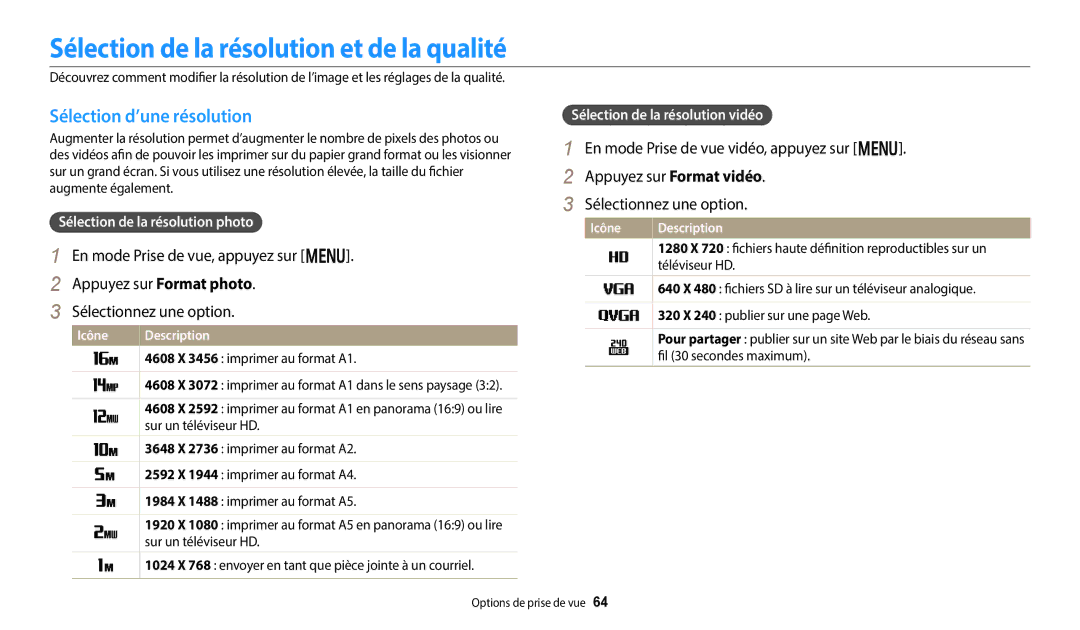 Samsung EC-DV150FBPWFR, EC-DV150FBPLFR manual Sélection de la résolution et de la qualité, Sélection d’une résolution, Icône 