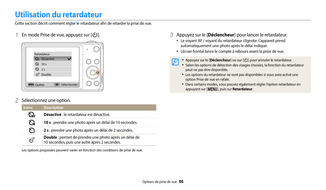 Samsung EC-DV150FBPBFR, EC-DV150FBPLFR, EC-DV150FBPWFR manual Utilisation du retardateur, En mode Prise de vue, appuyez sur t 