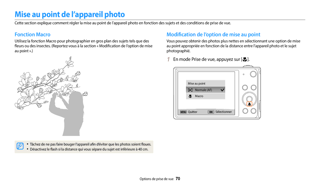 Samsung EC-DV150FBPWFR manual Mise au point de l’appareil photo, Fonction Macro, Modification de l’option de mise au point 
