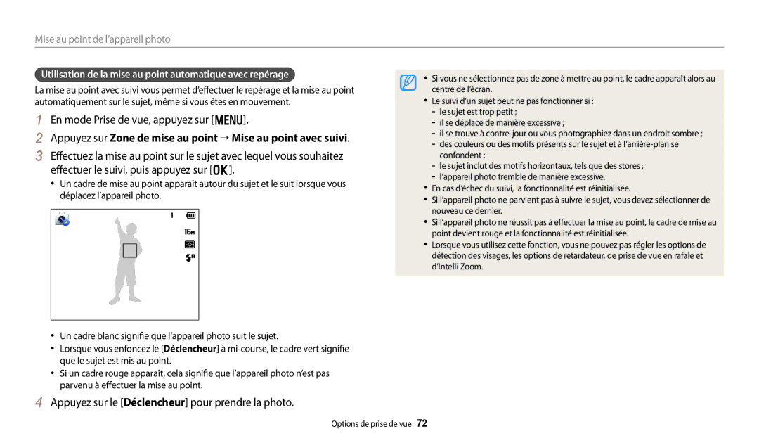 Samsung EC-DV150FBPBFR, EC-DV150FBPLFR, EC-DV150FBPWFR manual Appuyez sur Zone de mise au point → Mise au point avec suivi 