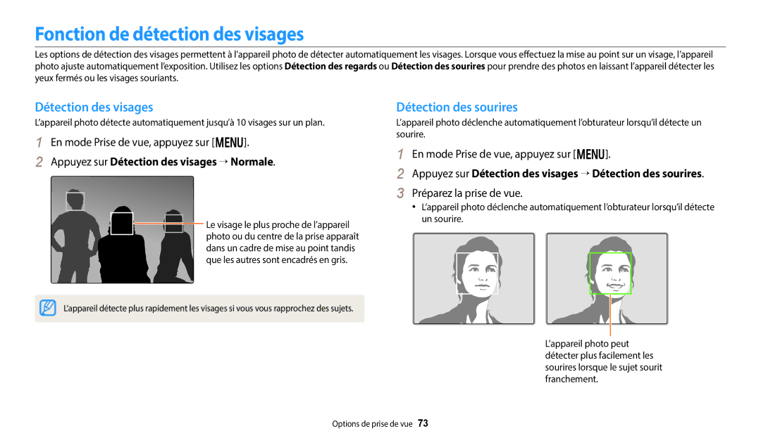 Samsung EC-DV150FBPWFR, EC-DV150FBPLFR Fonction de détection des visages, Détection des visages, Détection des sourires 