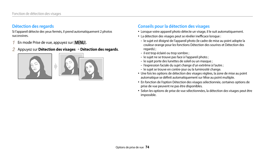 Samsung EC-DV150FBPLFR, EC-DV150FBPBFR, EC-DV150FBPWFR manual Détection des regards, Conseils pour la détection des visages 