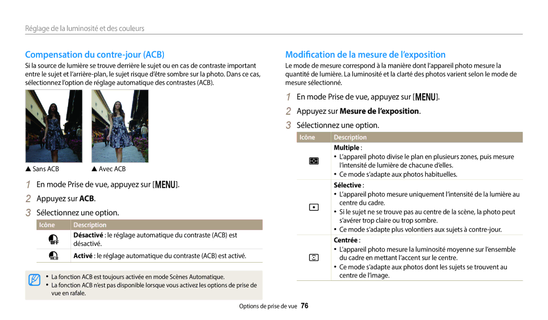 Samsung EC-DV150FBPWFR manual Compensation du contre-jour ACB, Appuyez sur Mesure de l’exposition, Appuyez sur ACB 