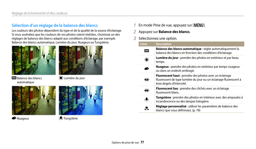 Samsung EC-DV150FBPLFR, EC-DV150FBPBFR Sélection d’un réglage de la balance des blancs, Appuyez sur Balance des blancs 