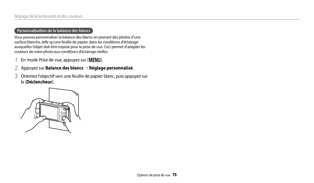 Samsung EC-DV150FBPBFR Appuyez sur Balance des blancs → Réglage personnalisé, Personnalisation de la balance des blancs 