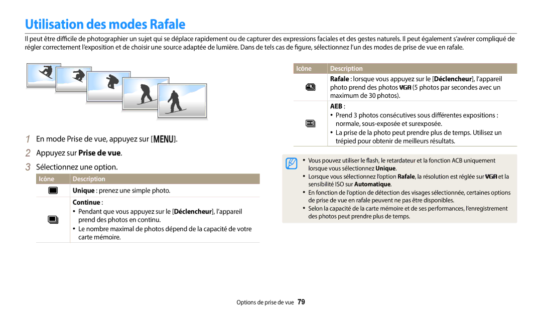 Samsung EC-DV150FBPWFR manual Utilisation des modes Rafale, Continue, Photo prend des photos, Maximum de 30 photos 