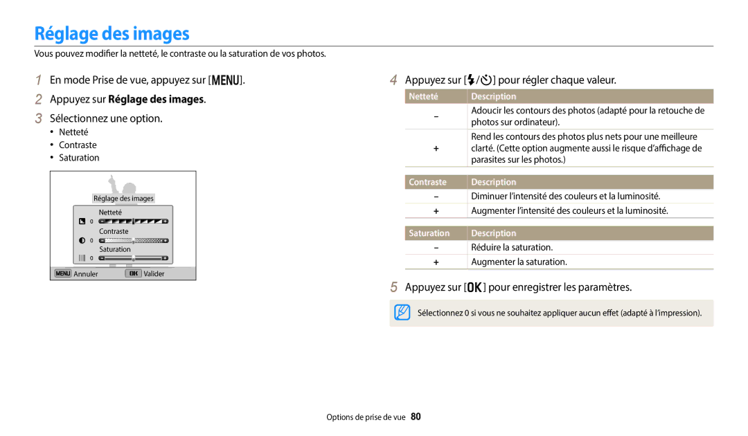 Samsung EC-DV150FBPLFR, EC-DV150FBPBFR manual Appuyez sur Réglage des images, Appuyez sur F/t pour régler chaque valeur 