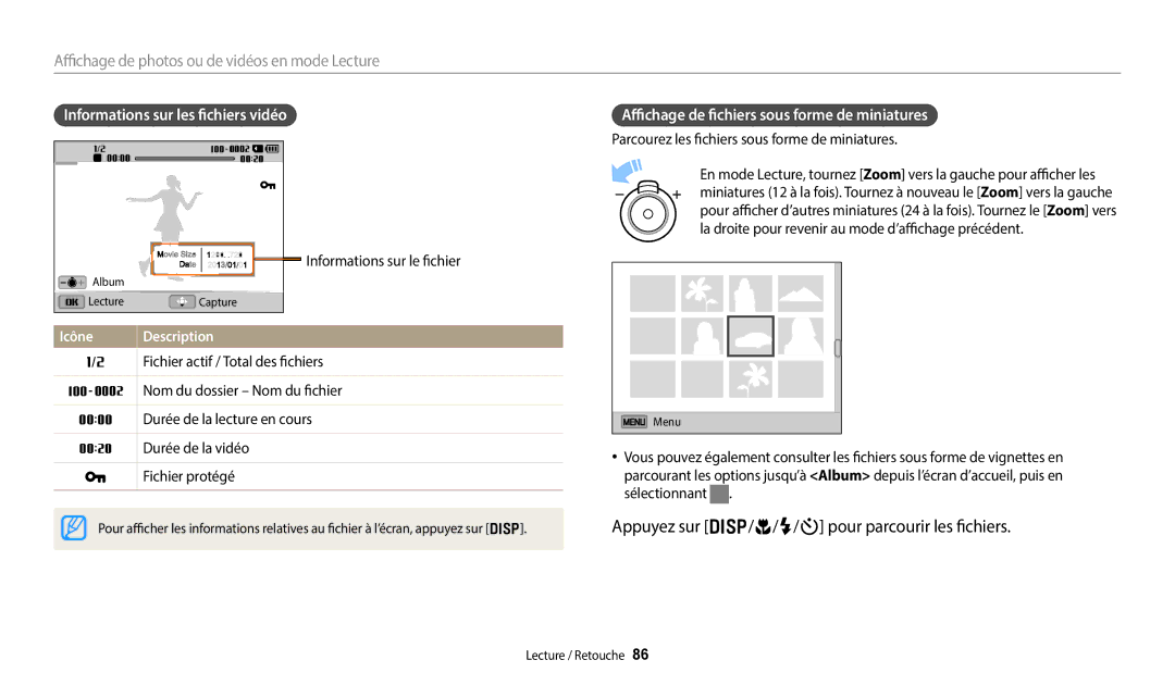 Samsung EC-DV150FBPLFR manual Appuyez sur D/c/F/t pour parcourir les fichiers, Informations sur les fichiers vidéo 