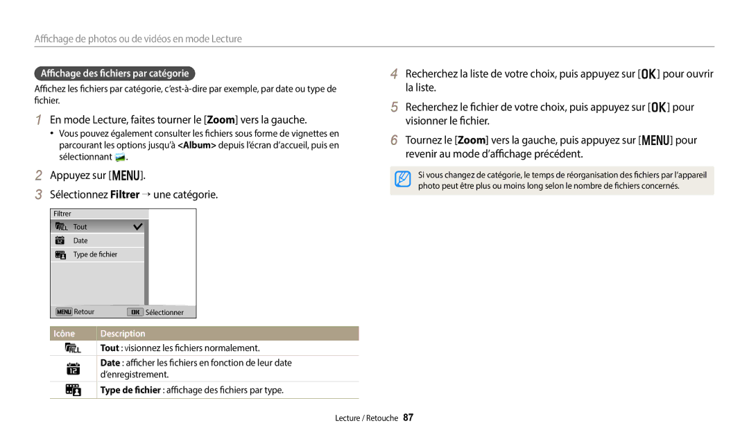 Samsung EC-DV150FBPBFR manual En mode Lecture, faites tourner le Zoom vers la gauche, Affichage des fichiers par catégorie 