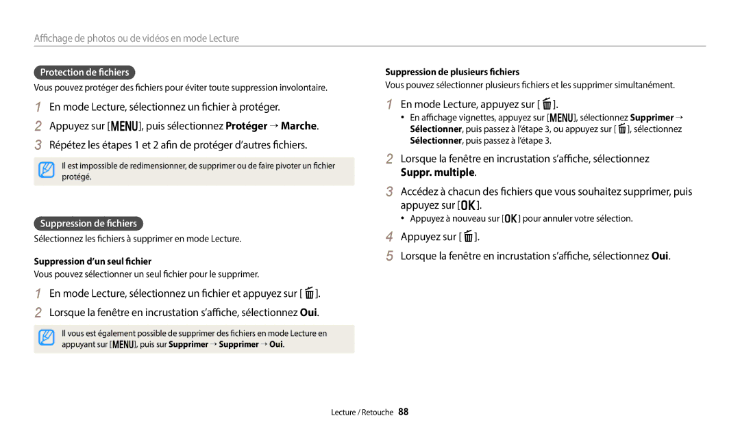 Samsung EC-DV150FBPWFR, EC-DV150FBPLFR En mode Lecture, appuyez sur f, Protection de fichiers, Suppression de fichiers 