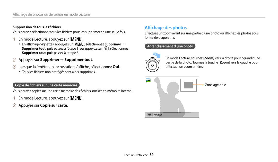 Samsung EC-DV150FBPLFR manual Affichage des photos, En mode Lecture, appuyez sur m, Appuyez sur Supprimer → Supprimer tout 