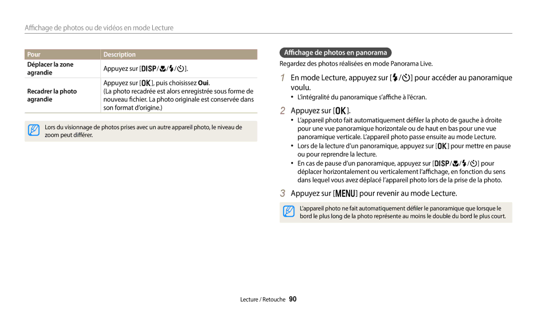 Samsung EC-DV150FBPBFR manual Appuyez sur m pour revenir au mode Lecture, Affichage de photos en panorama, Pour Description 