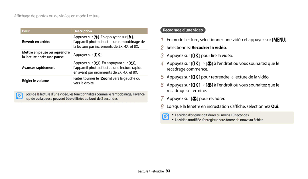 Samsung EC-DV150FBPBFR manual En mode Lecture, sélectionnez une vidéo et appuyez sur m, Sélectionnez Recadrer la vidéo 