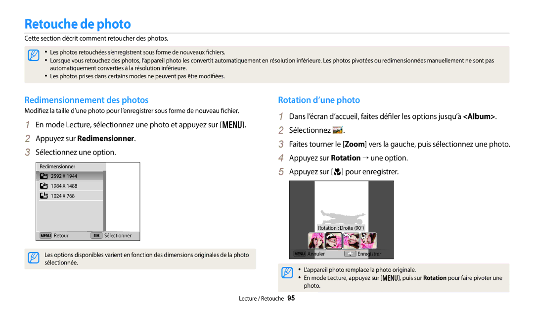 Samsung EC-DV150FBPLFR Retouche de photo, Redimensionnement des photos, Rotation d’une photo, Appuyez sur Redimensionner 