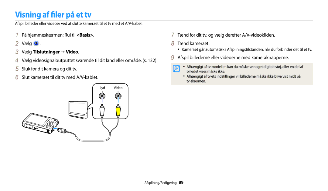 Samsung EC-DV150FBPWE2, EC-DV150FBPPE2, EC-DV150FBPBE2 manual Visning af filer på et tv, Vælg Tilslutninger → Video 