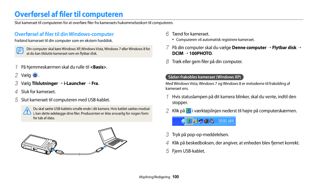 Samsung EC-DV150FBPBE2 Overførsel af filer til computeren, Overførsel af filer til din Windows-computer, Tænd for kameraet 