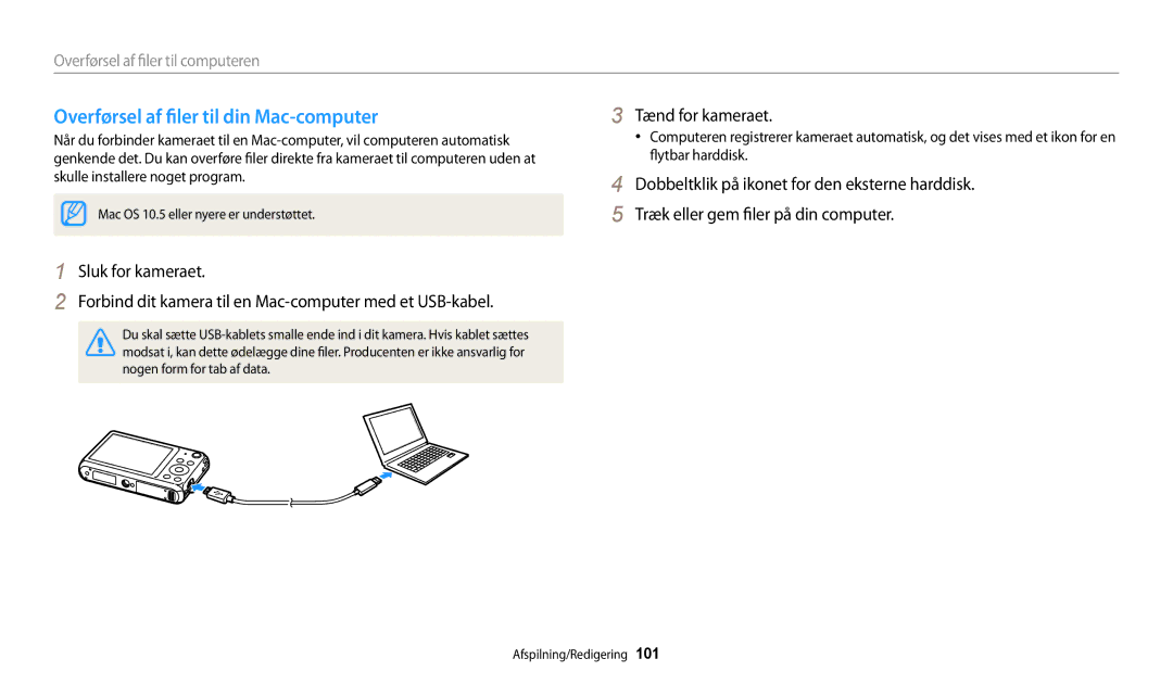 Samsung EC-DV150FBPPE2, EC-DV150FBPWE2, EC-DV150FBPBE2 manual Overførsel af filer til din Mac-computer 