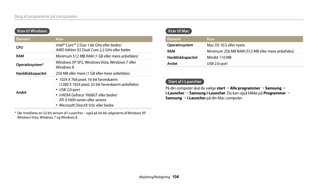 Samsung EC-DV150FBPPE2, EC-DV150FBPWE2, EC-DV150FBPBE2 Krav til Windows, Krav til Mac, Start af i-Launcher, Element Krav 