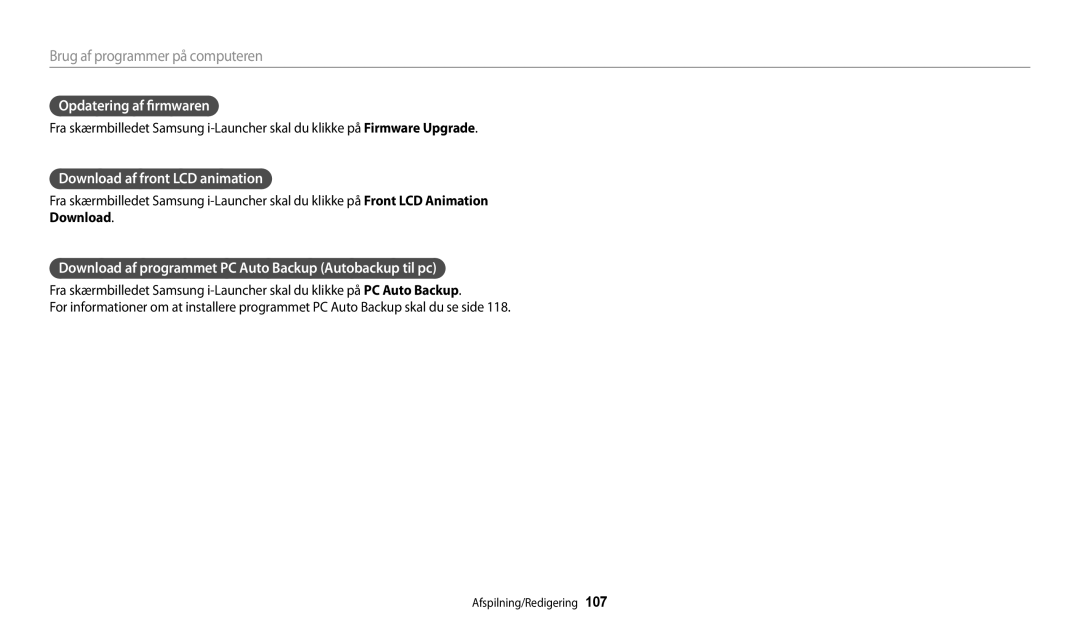 Samsung EC-DV150FBPPE2, EC-DV150FBPWE2, EC-DV150FBPBE2 manual Opdatering af firmwaren, Download af front LCD animation 