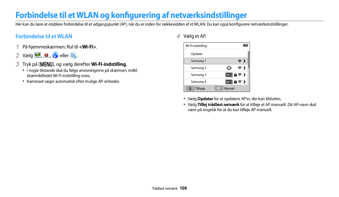 Samsung EC-DV150FBPBE2, EC-DV150FBPPE2, EC-DV150FBPWE2 manual Forbindelse til et Wlan, Vælg et AP 