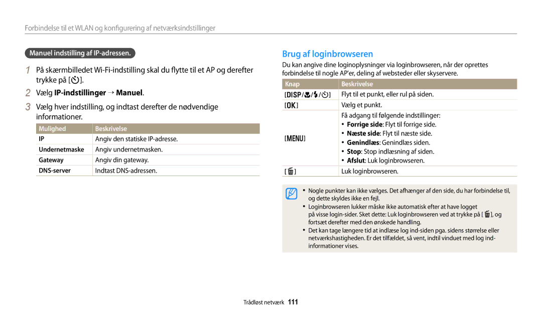 Samsung EC-DV150FBPWE2, EC-DV150FBPPE2 Brug af loginbrowseren, Trykke på t, Vælg IP-indstillinger → Manuel, Informationer 