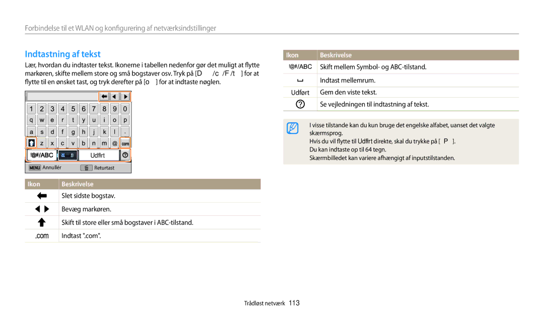 Samsung EC-DV150FBPPE2, EC-DV150FBPWE2 manual Indtastning af tekst, Skift mellem Symbol- og ABC-tilstand, Indtast mellemrum 