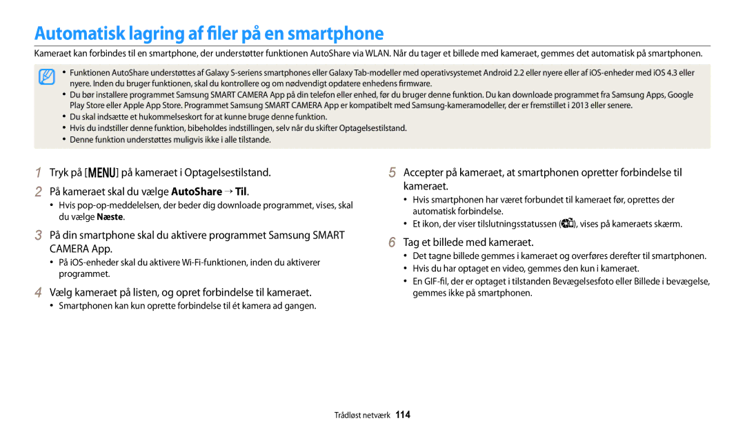 Samsung EC-DV150FBPWE2, EC-DV150FBPPE2 manual Automatisk lagring af filer på en smartphone, Tag et billede med kameraet 