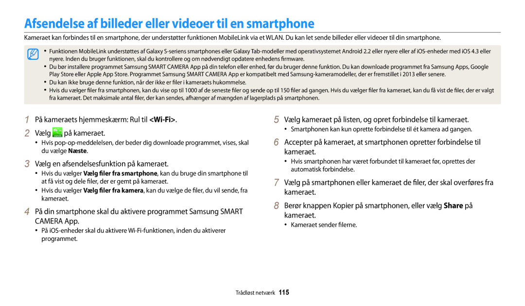 Samsung EC-DV150FBPBE2 Afsendelse af billeder eller videoer til en smartphone, Vælg en afsendelsesfunktion på kameraet 