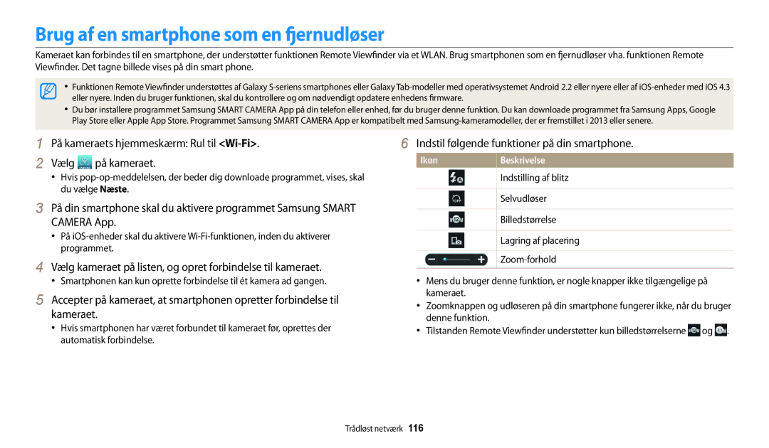 Samsung EC-DV150FBPPE2 manual Brug af en smartphone som en fjernudløser, Indstil følgende funktioner på din smartphone 