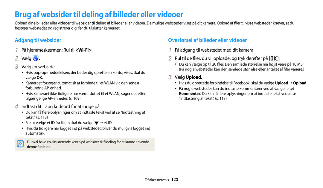 Samsung EC-DV150FBPWE2, EC-DV150FBPPE2 manual Brug af websider til deling af billeder eller videoer, Adgang til websider 