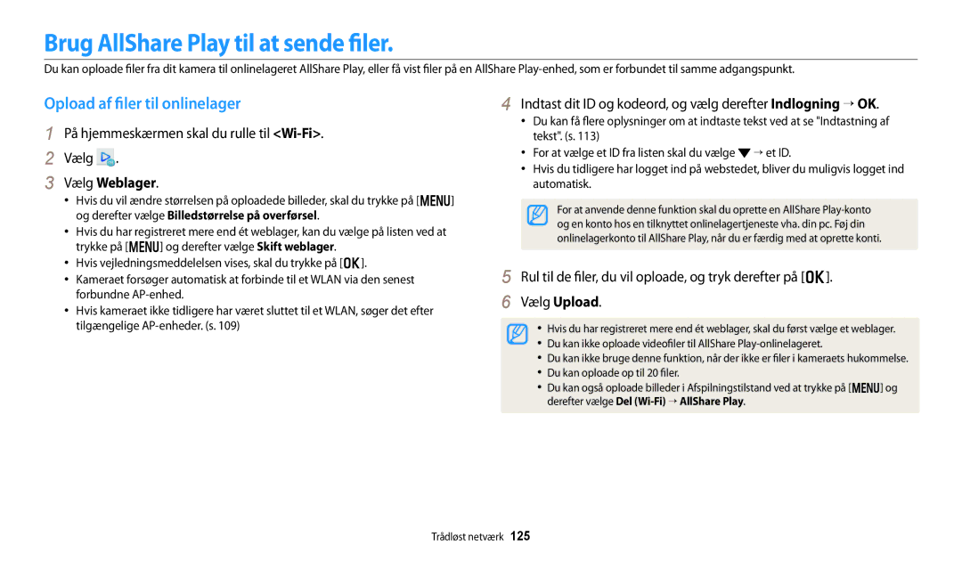 Samsung EC-DV150FBPPE2 manual Brug AllShare Play til at sende filer, Opload af filer til onlinelager, Vælg Weblager 