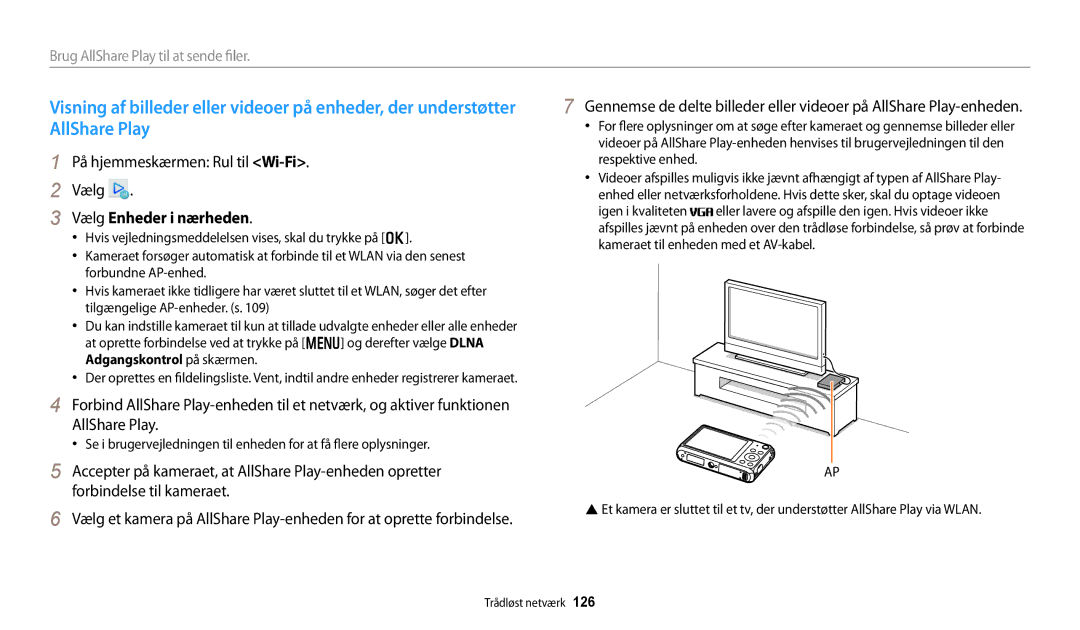 Samsung EC-DV150FBPWE2, EC-DV150FBPPE2 manual AllShare Play, På hjemmeskærmen Rul til Wi-Fi, Vælg Enheder i nærheden 