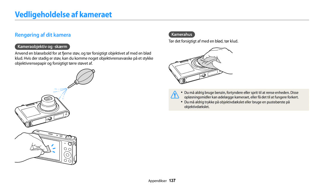 Samsung EC-DV150FBPPE2 manual Vedligeholdelse af kameraet, Rengøring af dit kamera, Kameraobjektiv og -skærm, Kamerahus 