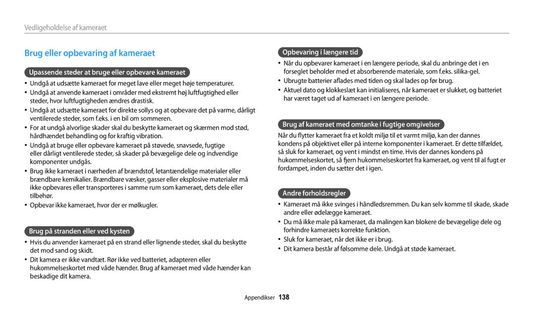 Samsung EC-DV150FBPWE2, EC-DV150FBPPE2, EC-DV150FBPBE2 manual Brug eller opbevaring af kameraet 