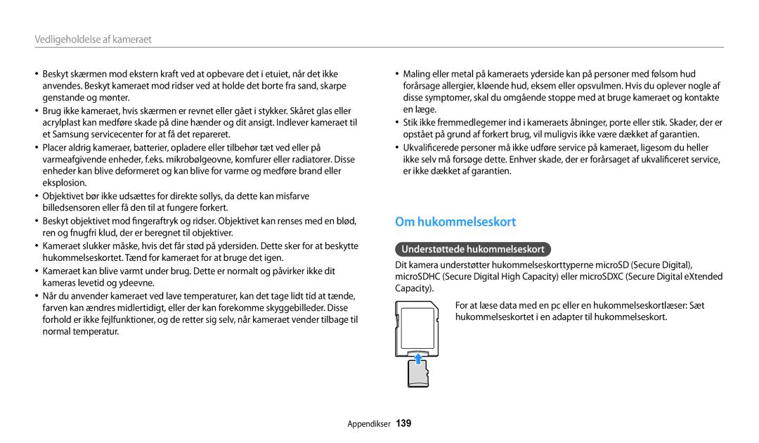 Samsung EC-DV150FBPBE2, EC-DV150FBPPE2, EC-DV150FBPWE2 manual Om hukommelseskort, Understøttede hukommelseskort 