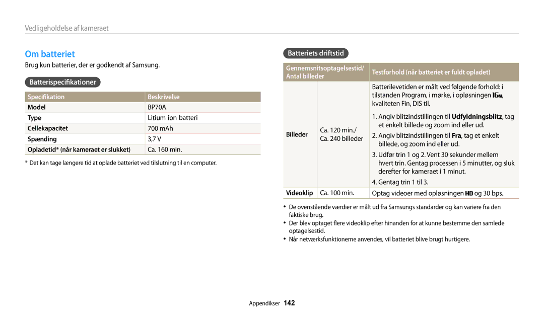 Samsung EC-DV150FBPBE2 manual Om batteriet, Batterispecifikationer, Batteriets driftstid, Specifikation Beskrivelse 