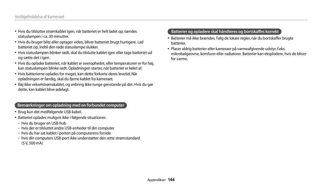 Samsung EC-DV150FBPWE2, EC-DV150FBPPE2, EC-DV150FBPBE2 manual Bemærkninger om opladning med en forbundet computer 