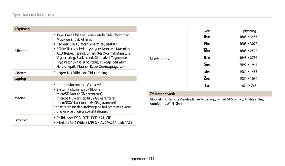 Samsung EC-DV150FBPBE2, EC-DV150FBPPE2, EC-DV150FBPWE2 manual Lagring, Trådløst netværk 