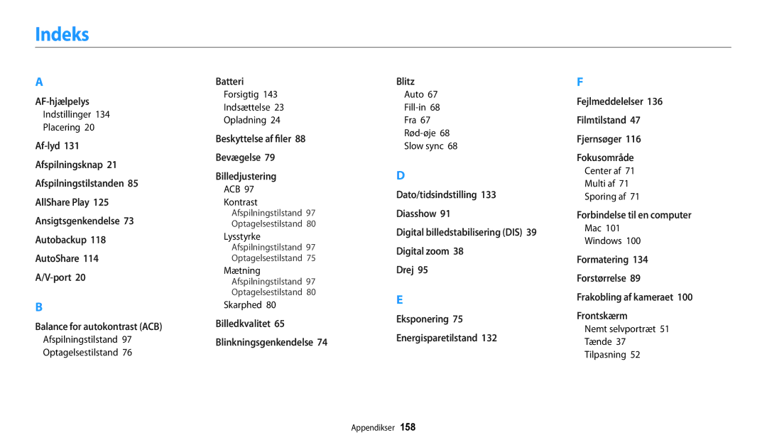 Samsung EC-DV150FBPPE2, EC-DV150FBPWE2, EC-DV150FBPBE2 manual Indeks 