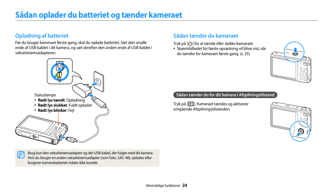 Samsung EC-DV150FBPWE2 Sådan oplader du batteriet og tænder kameraet, Opladning af batteriet, Sådan tænder du kameraet 