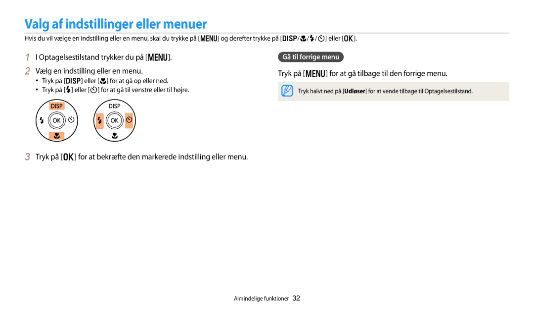 Samsung EC-DV150FBPPE2 manual Valg af indstillinger eller menuer, Tryk på m for at gå tilbage til den forrige menu 